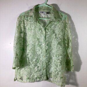Womens Vintage Allyson Whitmore 3/4 Sleeve Button Floral Burnout Shirt Green M‎